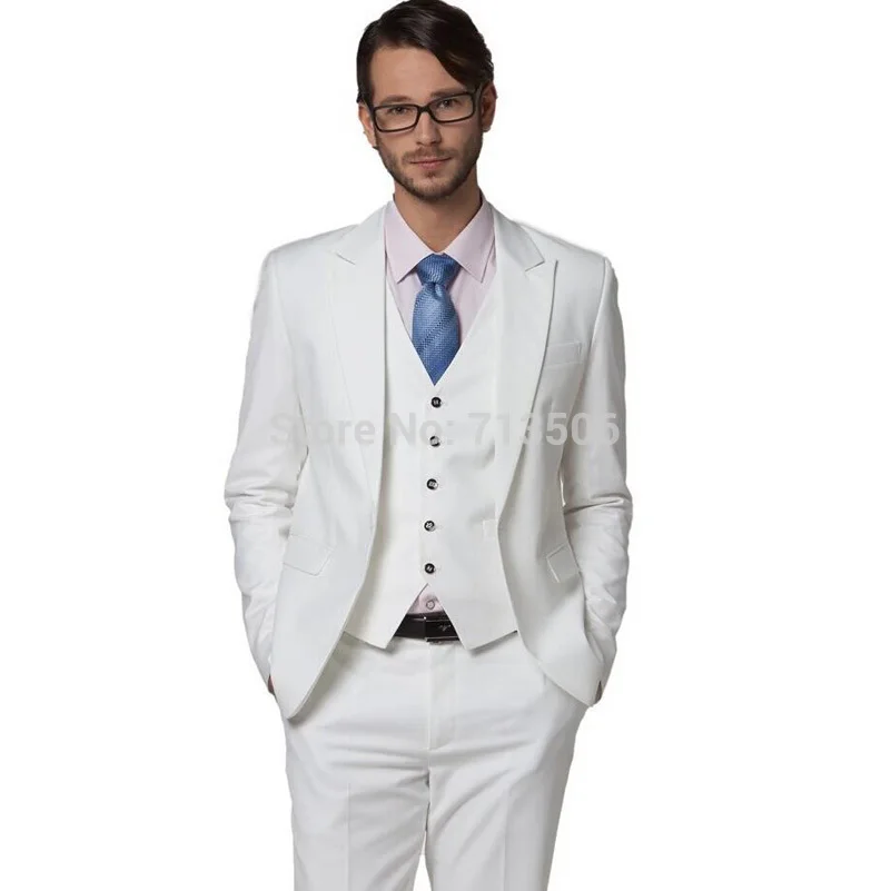Elegant White Groom Tuxedos Peaked Lapel Slim Fit Cool Best Man Mens Wedding Groomsmen Suits Men's Prom Party Dress (Jacket Pants Vest).jpg