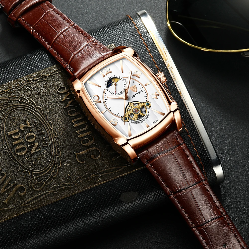 TEVISE Модные мужские автоматические часы Moon phase Tourbillon механические часы мужские кожаные спортивные наручные часы Relogio Masculino