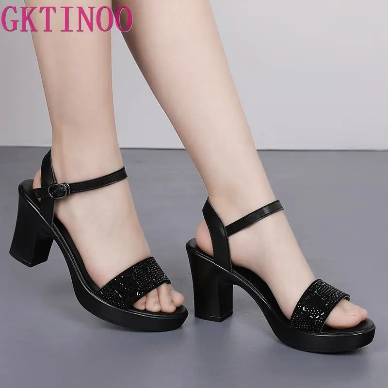 

GKTINOO 2019 Summer New Genuine Leather Sandals 8cm High Heels Women Fashion Sandals Platform Women Casual Shoes Plus Size 35-42