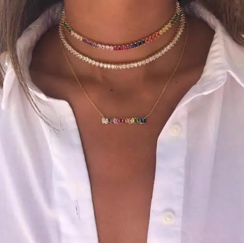 Сексуальное короткое искрящееся Радужное теннисное ожерелье-чокер с AAA+ CZ модное индивидуальное женское ожерелье-воротник бижутерия для женщин