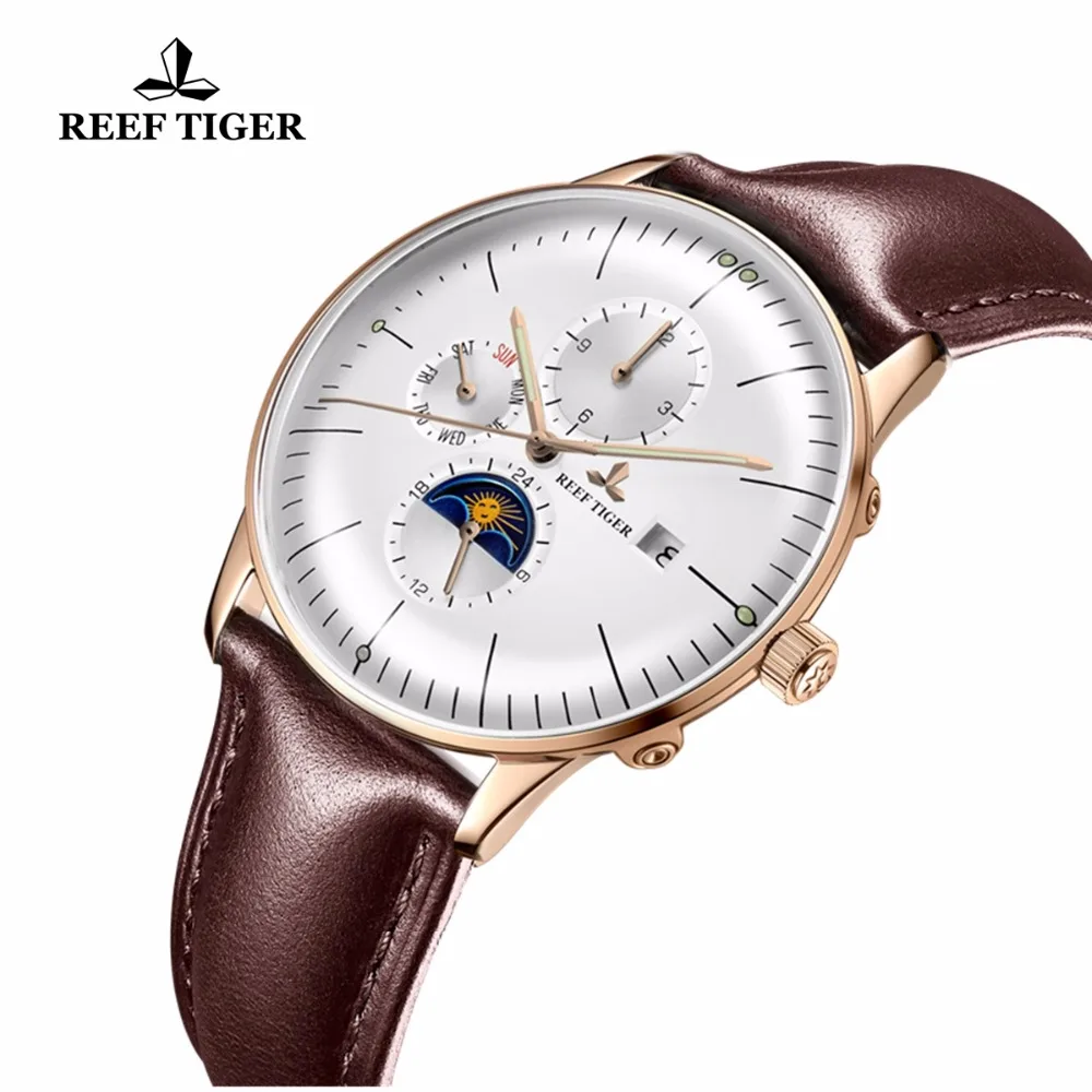 

Reef Tiger/RT Fashion Casual Watches Water Resistant Date Day Rose Gold Brown Leather Strap Automatic Watches For Men RGA1653