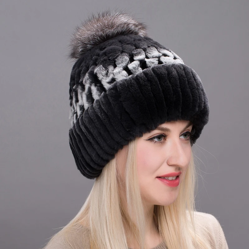 

JKP 2018 Winter woman real rex rabbit fur hat with fox fur pompom ball hat winter Headgear female fur knit caps new THY17-14