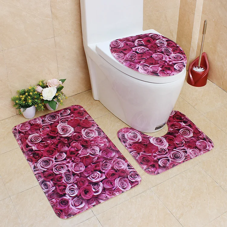 3pcs/Set Red Rose Pattern Toilet Cover Skidproof Anti Slip Pedestal Rug ...