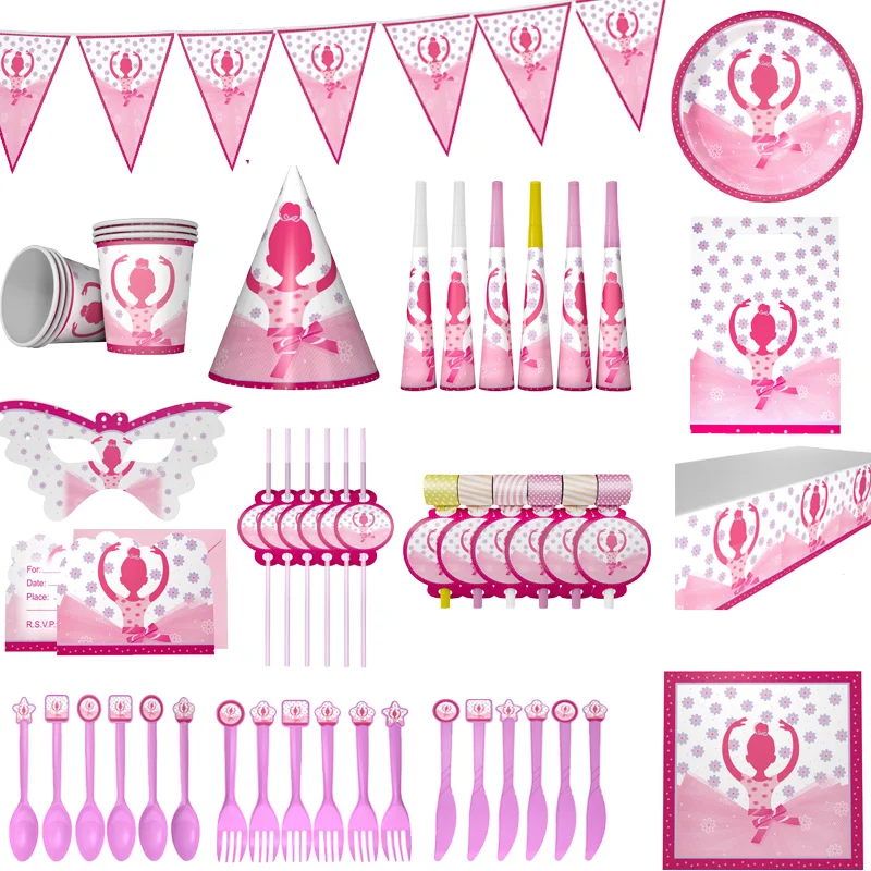

6pcs Princess Birthday Party Disposable Party Tableware for Birthday Decoration Pink Paper Straw Plates Spoons