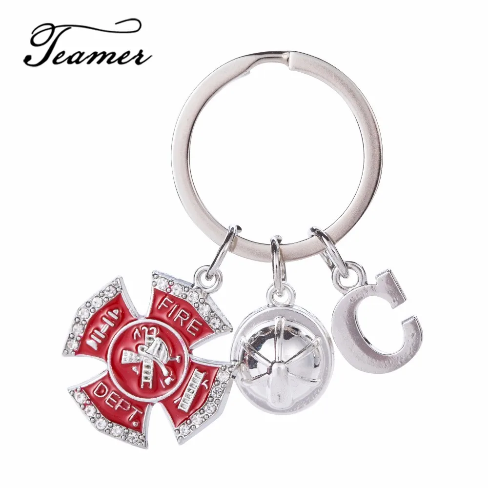 Teamer 26 Letters New Arrival Dangle Keychain Silver Letter Fire Dept Helmet Charm DIY Jewelry Best Gift for Firefighters