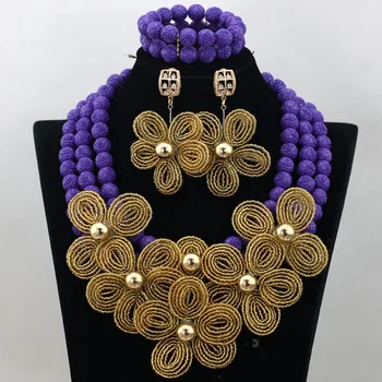 

2017 Latest Purple Beaded Nigerian African Costume Jewelry Set Gold Flower Wedding Jewelry Set Handmade Free Shipping CNR483