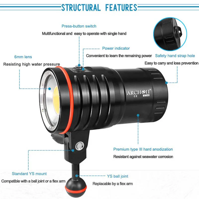 ARCHON DM60 WM66 подводный дайвинг вспышка светильник Led COB мощный погружной видео светильник 12000 люмен факелы