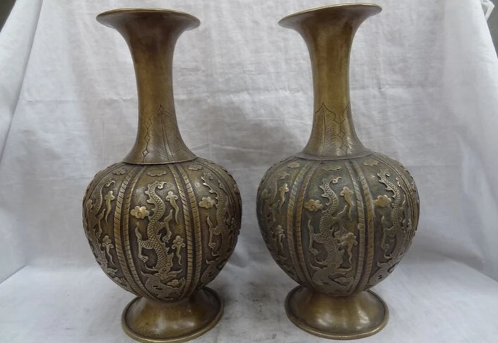 

USPS to USA S1223 12" Chinese Pure Bronze FengShui Myth Fly Dragon Statue Flower Pot Vase Pair (B0413)