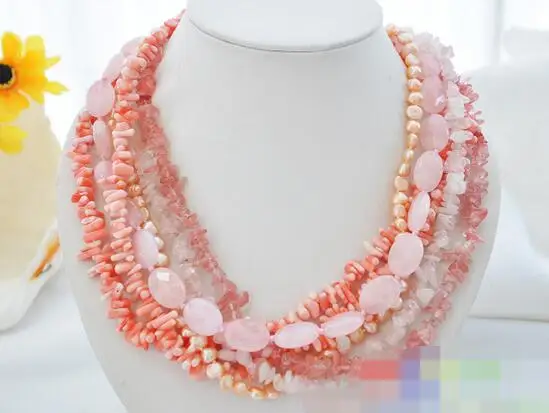 

song voge gem nanJ0735 6row pink coral & baroque pearl & crystal necklace