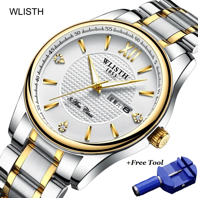 

WLISTH Dual Date Week Watch Men Waterproof Business Man Diamond Watch Luxury Steel Quartz Men's Couple Watches Dropshipping 2019