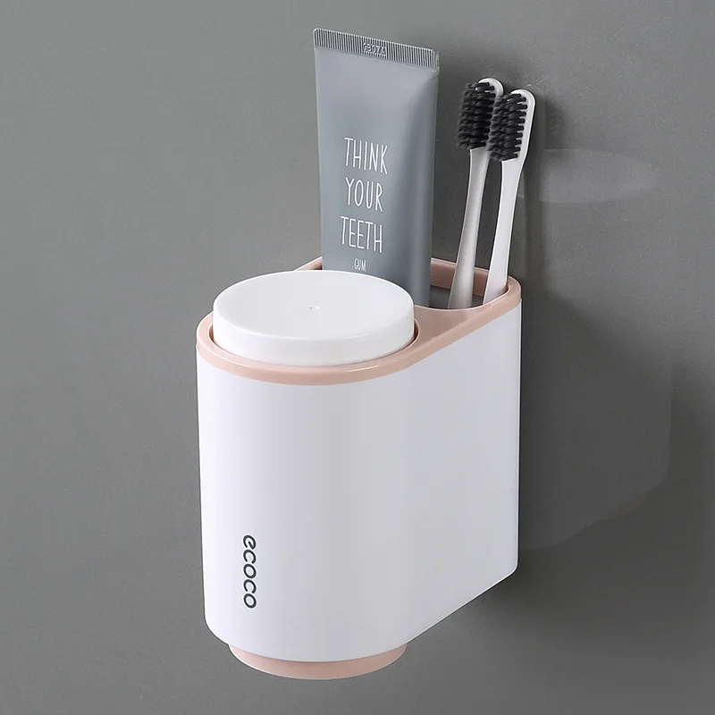 Магнитная настенная подставка для зубных щеток GUNOT, держатель для зубной пасты и щетки с 2 чашками, домашние полки для хранения для ванной комнаты, набор аксессуаров - Цвет: Pink