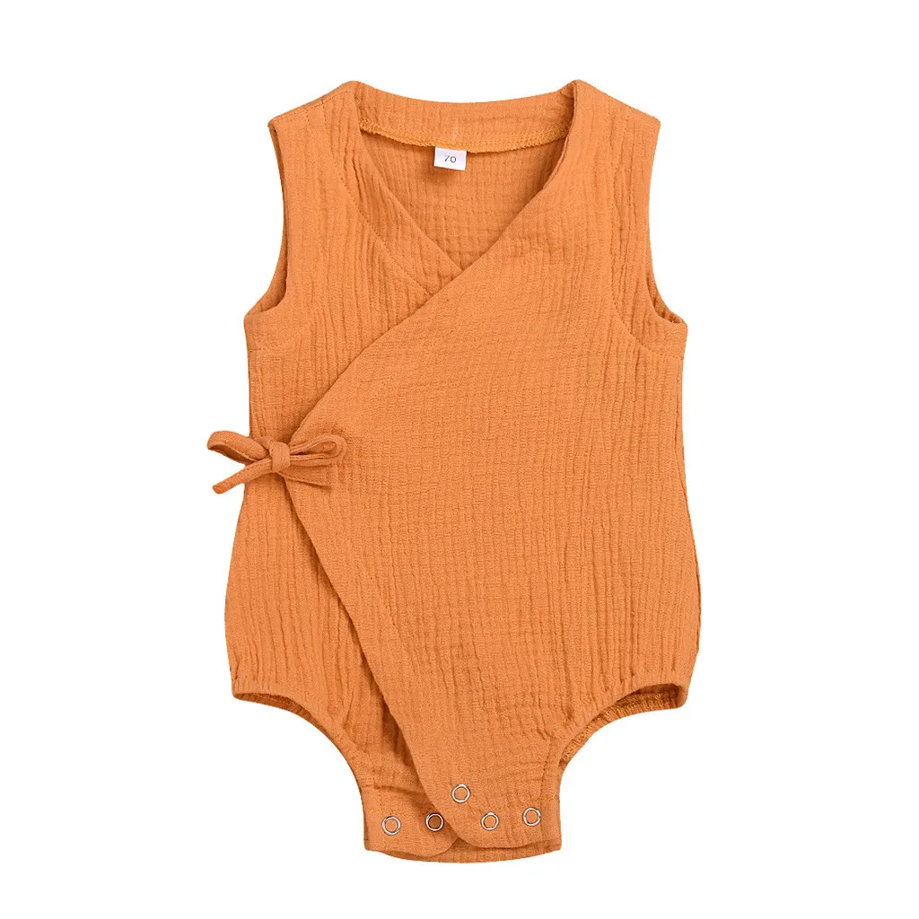 Одежда для маленьких мальчиков и девочек; льняной комбинезон без рукавов с однотонным принтом; летняя одежда в рубчик для маленьких девочек; maillot de bain bebe fille - Цвет: YE