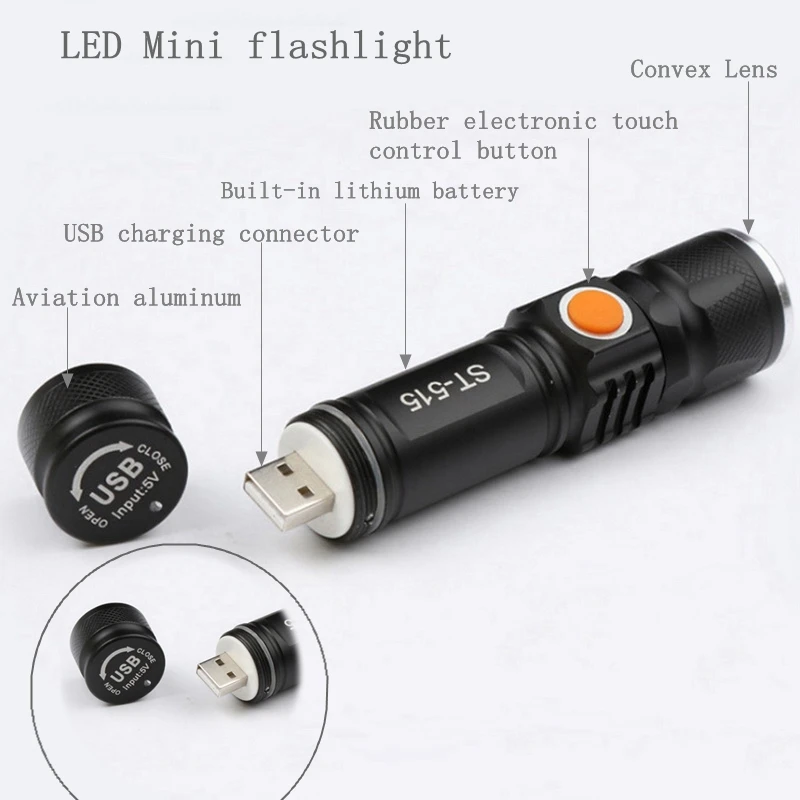 USB Chargeable Portable Focus Lamp LED Flashlight Camping Light Zoom Waterproof Mini T6 | Освещение