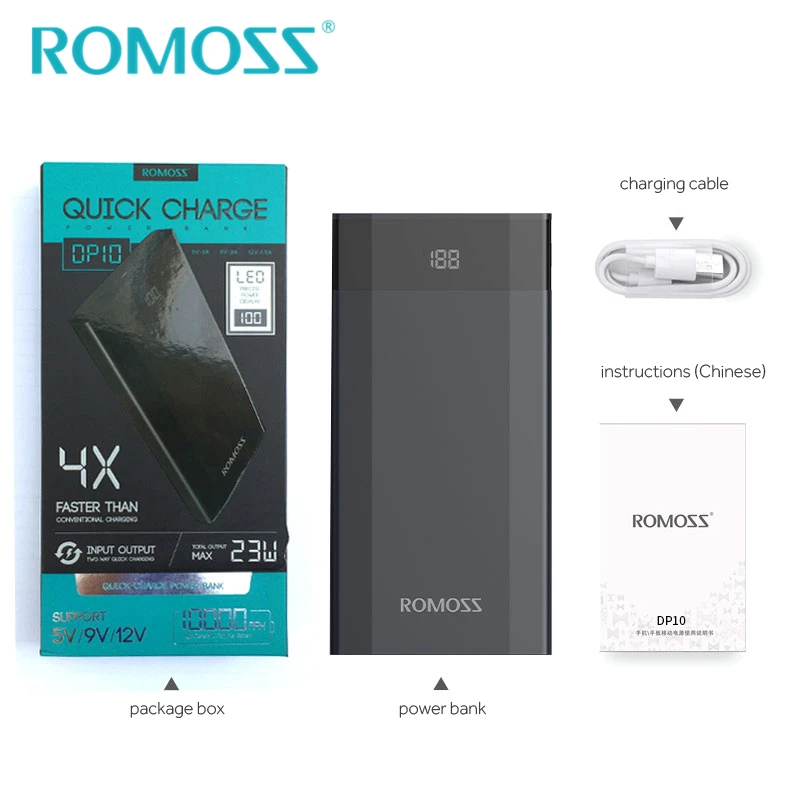 ROMOSS 10000 мАч DP10 внешний аккумулятор Quick Charge 3 0 светодиодный дисплей 2 USB QC3.0|original