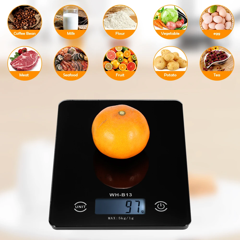 Цифровые кухонные весы, светодиодный весы для баланса пищевых продуктов, 5 кг/1 г, кухонные весы для измерения веса, для выпечки, приготовления пищи, черные электронные кухонные весы