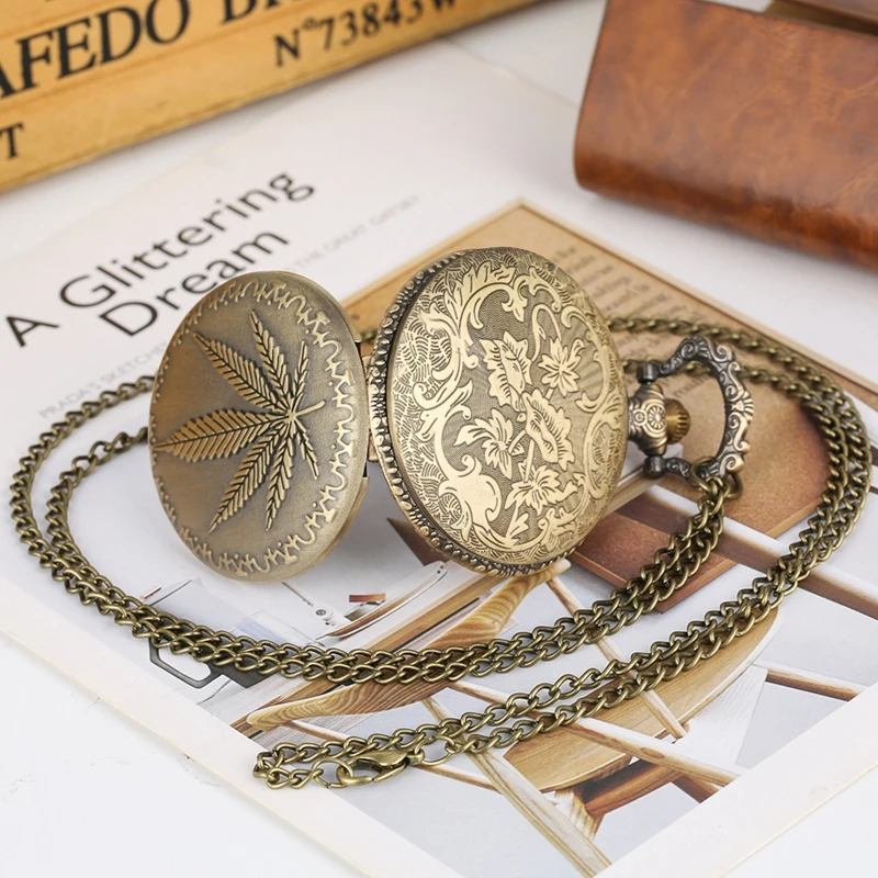 Ретро бронзовые карманные часы 3D Кленовый лист арабские цифры кварцевые карманные часы ожерелье кулон часы цепь лучшие подарки для мужчин