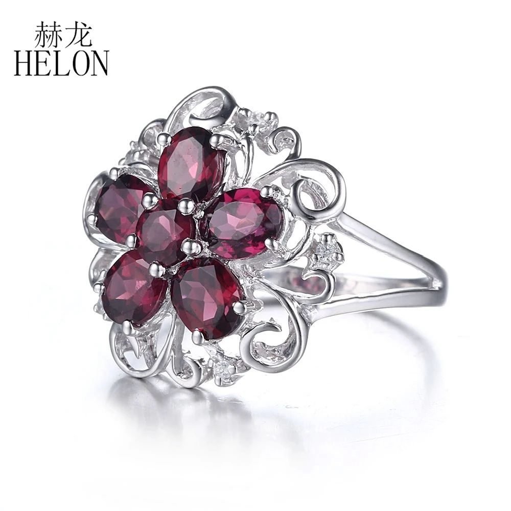 

HELON Sterling Silver 925 Women's Jewelry Elegant Flower Round & Oval 2.86ct Garnet Engagement Wedding Diamonds Ring wholesale