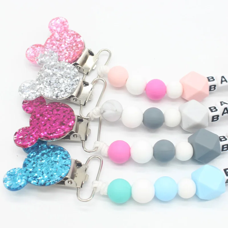 XCQGH Personalised Name Silicone Baby Pacifier Clips Chain Nipple Pacifier Chain with Mouse Holder for Baby, Baby Shower Gift