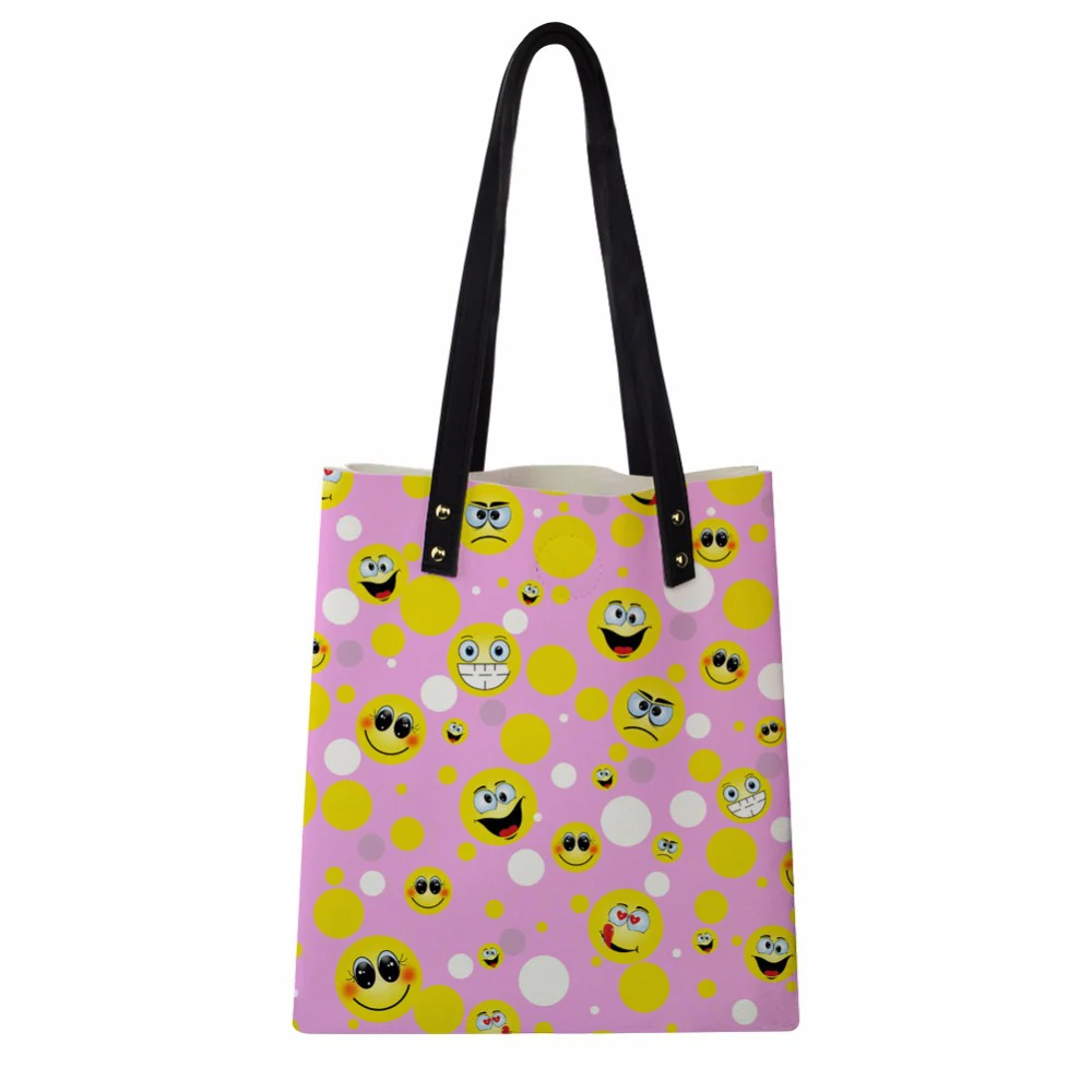 

Customized Fashion Casual Women Shoulder Bags Emoji Printed Handbag PU Leather Female Big Tote Bag Ladies Reusable Hand Band