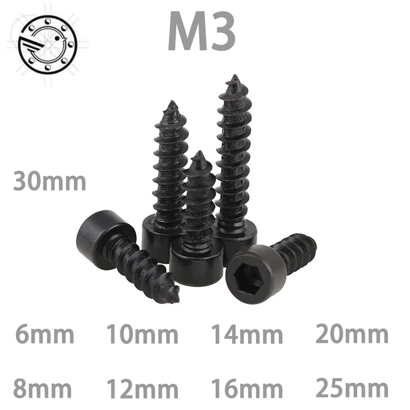 

100pcs M3 Carbon Steel With Black Hexagon Socket Cap Head self tapping screw Model Screw M3*(6/8/10/12/16/20/25/30) mm