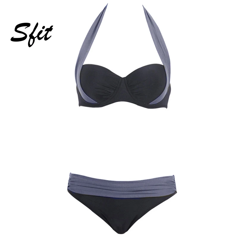 

Sfit 2019 Women Swimsuit Split Multi-Color Cross Low Waist Plus Size Bikini Banded Push Up Halter Gradient Backless Bathing Suit
