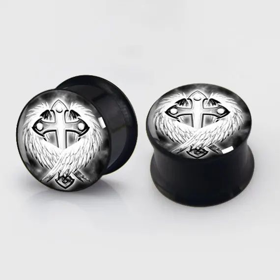 2 pieces Cross Wing Plugs anodized black ear plug gauges steel flesh