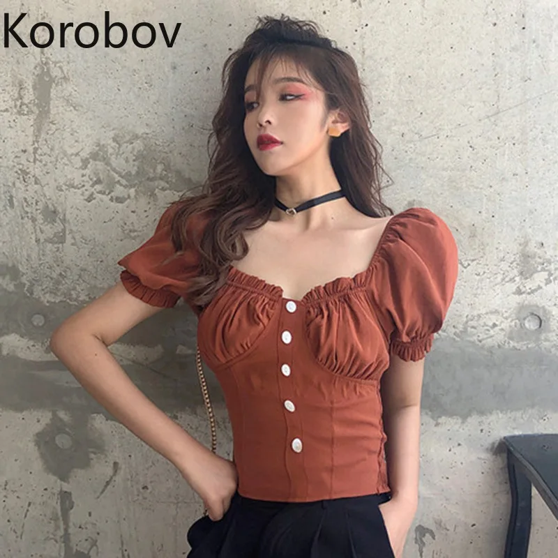 

Korobov Summer New Short Puff Sleeve Female T Shirt Korean Crop Top Tees Women Button Solid Vintage Mujer T Shirts 78087