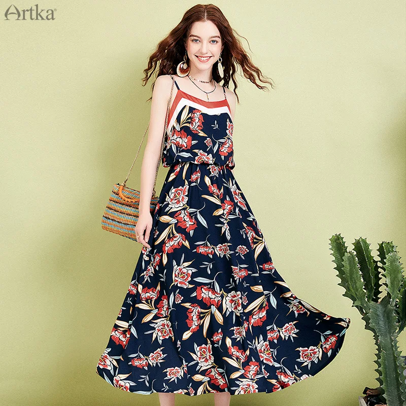 

ARTKA 2019 Summer Women Dresses Floral Print Elegant Dress Romantic Chiffon Dress Adjustable Spaghetti Strap Long Dress LA15597X