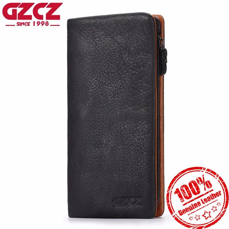 

GZCZ Wallet Men Genuine Leather Long Coin Purse Card Holder Men Wallets Zipper Design Male Vallet Clamp For Money Bag billetera