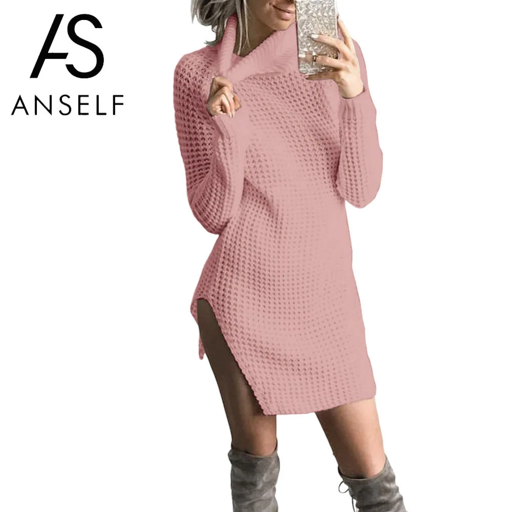 

ANSELF 2019 Autumn Winter Sweater Dress Women Vintage Turtleneck Split Knitted Dress Casual Evening Party Dress White Robe Femme