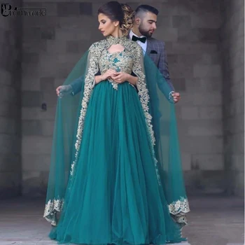 

Plus Size Green Muslim Evening Dresses A-line Tulle Appliques Lace Islamic Dubai Saudi Arabic Long Elegant Formal Evening Gown