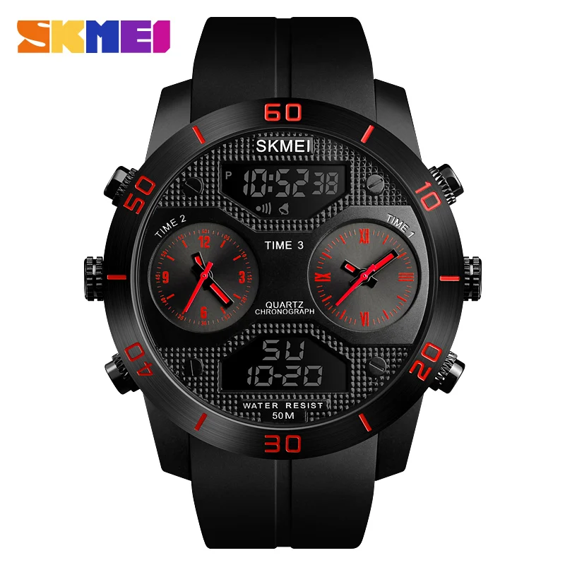 SKMEI мужские многофункциональные спортивные часы, светодиодный, цифровые наручные часы, 5 бар, водонепроницаемые, военные, 3 времени, часы с будильником, Relogio 1355 - Цвет: Red
