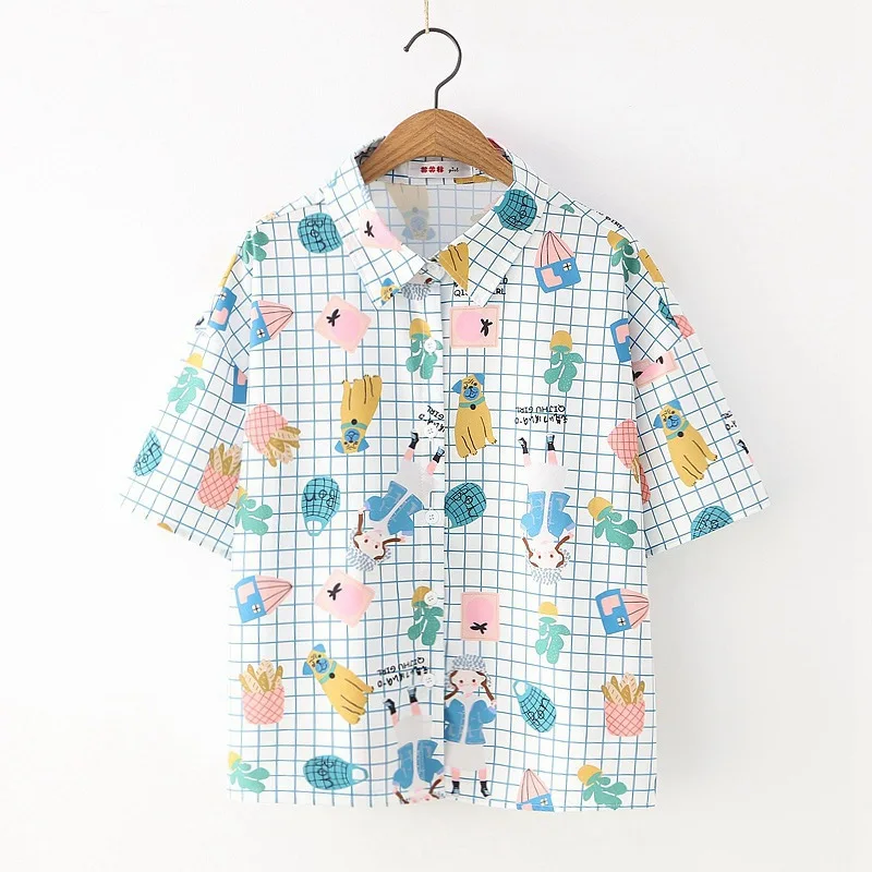 

Japan summer Small fresh casual fashion simple lapel lattice girl printing Teenage girl Short sleeve shirt woman