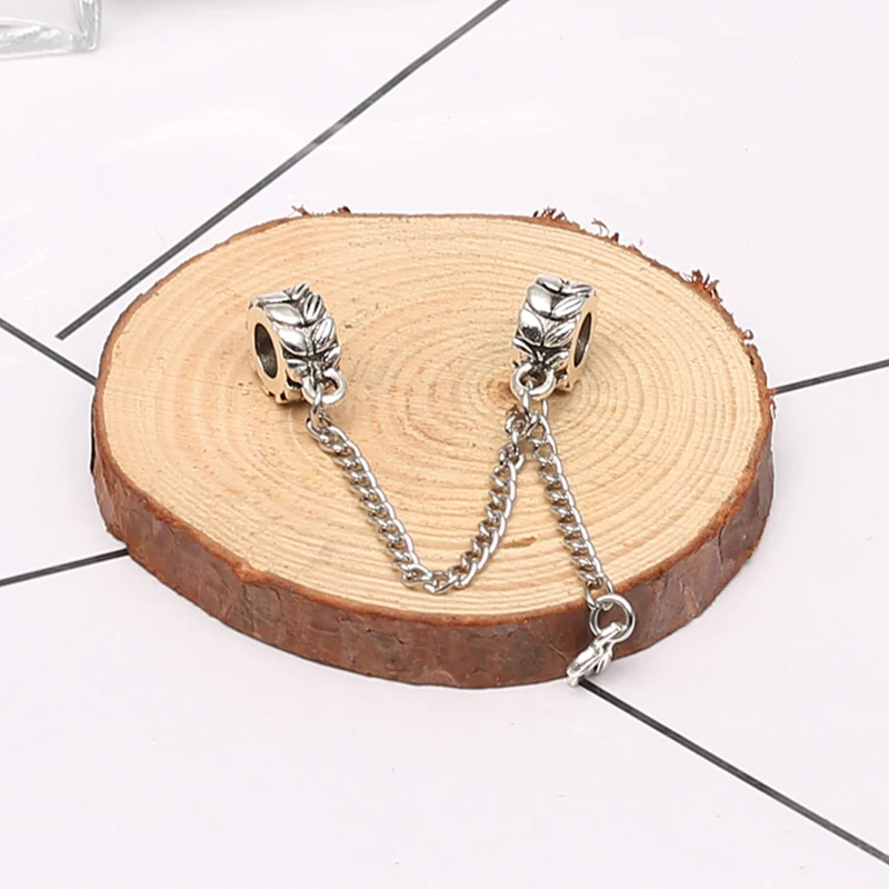

Vintage Silver Plated Beads Charm Vintage Grains of Energy Safety Chain Charms Fit Original Pandora Women Bracelets DIY Jewelry
