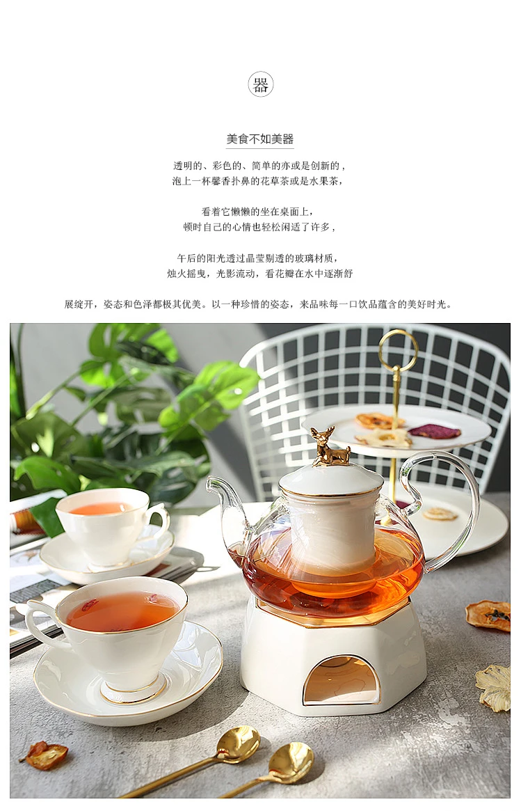 Керамический стеклянный цветочный чайник, послеобеденный чайный сервиз, подсвечник, английский набор для цветочного чая [1 горшок+ 2 чашки блюдца+ 2 ложки+ 1 Основа]