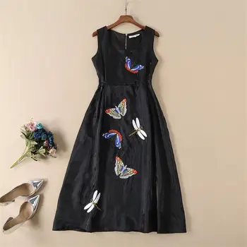 

Women Runway Dress 2019 High Quality O-Neck Sleeveless Butterfly Embroidery Elegant Party Dresses NP0178MF