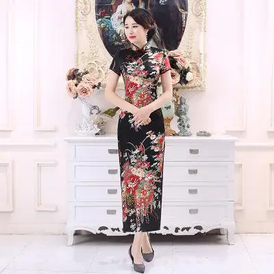 Китайский Винтаж Для женщин воротник-стойка Qipao элегантный леди платье в деловом стиле пикантные атласные короткий рукав с цветочным принтом Cheongsam S-6XL - Цвет: Black A
