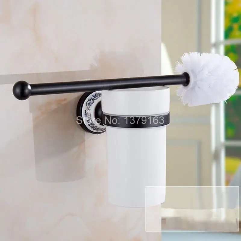 Black Oil Rubbed Bronze Wall Mounted Toilet Brush & Holder Set White Brush Ceramic Cup Bathroom