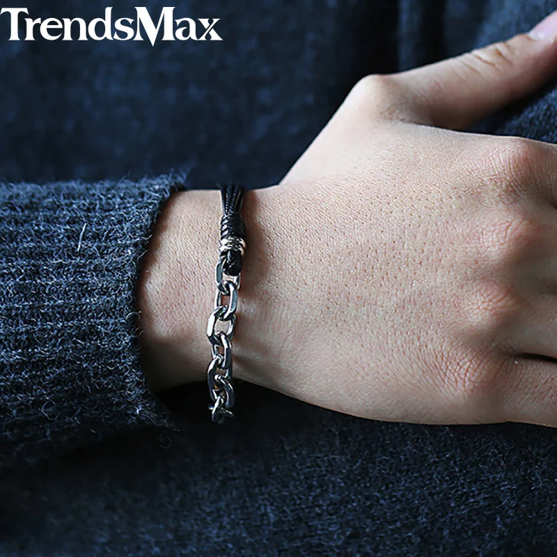 Trendsmax, кожаный браслет для мужчин и женщин, нержавеющая сталь, браслет на цепочке,, мужские Модные ювелирные изделия, подарки, 20 см KDLB35