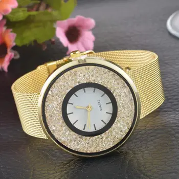 

Women Gold Color Band Round Dial Quicksand Rhinestone Quartz Analog Wrist Watch 22cm
