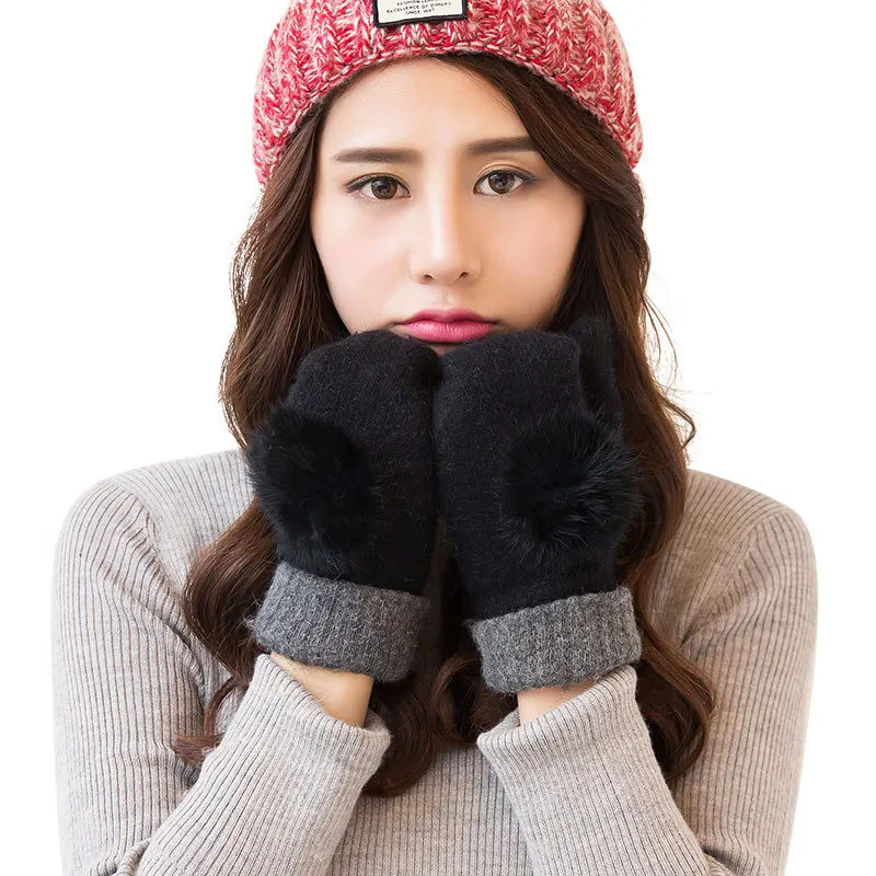 Корейские зимние теплые женские перчатки, Студенческая Милая версия, даже кроличья шерсть, двойное утолщение, плюс кашемировые перчатки - Цвет: as picture