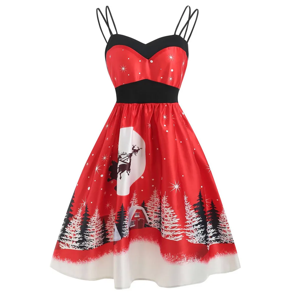 

Christmas Summer Dress Women Vintage Even ing A-Line Knee-Length Sleeveless Party Even ing Dress Elegant Swing Dress 2019