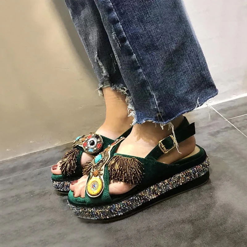 

sandalia feminina chunky low heel sring bead multicolour crystal open toe summer platform sandals ladies beach shoes woman