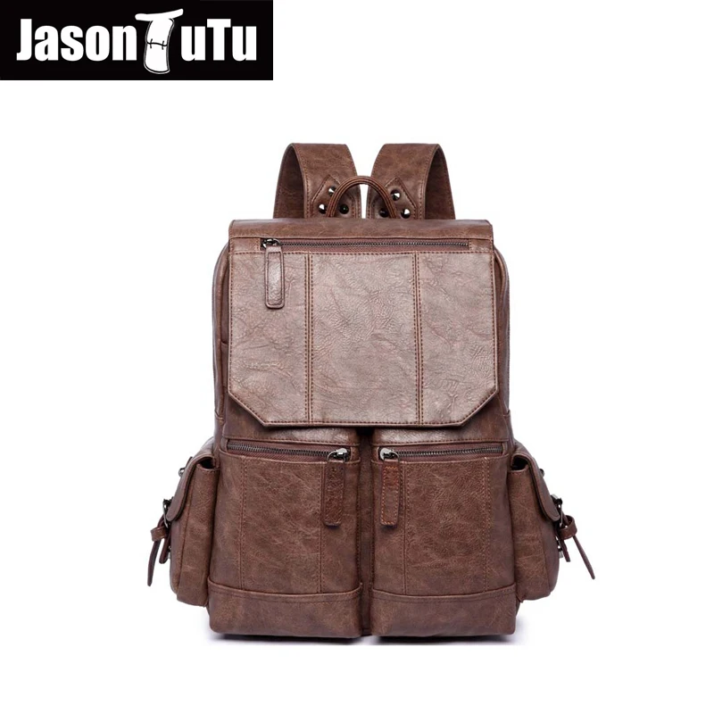 

JASON TUTU Black leather backpack PU soft leather Male Back pack Leisure Men Zipper 14-inch Laptop backpack Multi-pocket B220