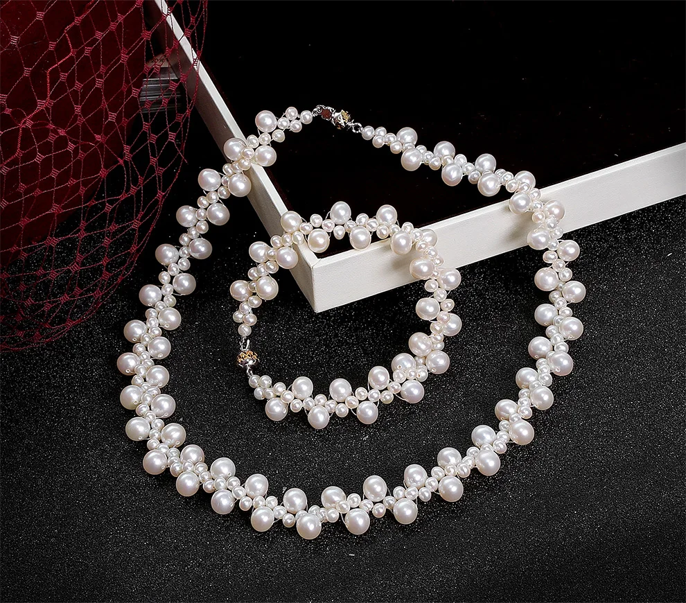 YS 925 стерлингового серебра ручной вязки 3-4 мм белый Китай пресноводный жемчуг цепочка для колье ожерелье/браслет ювелирный набор для невесты
