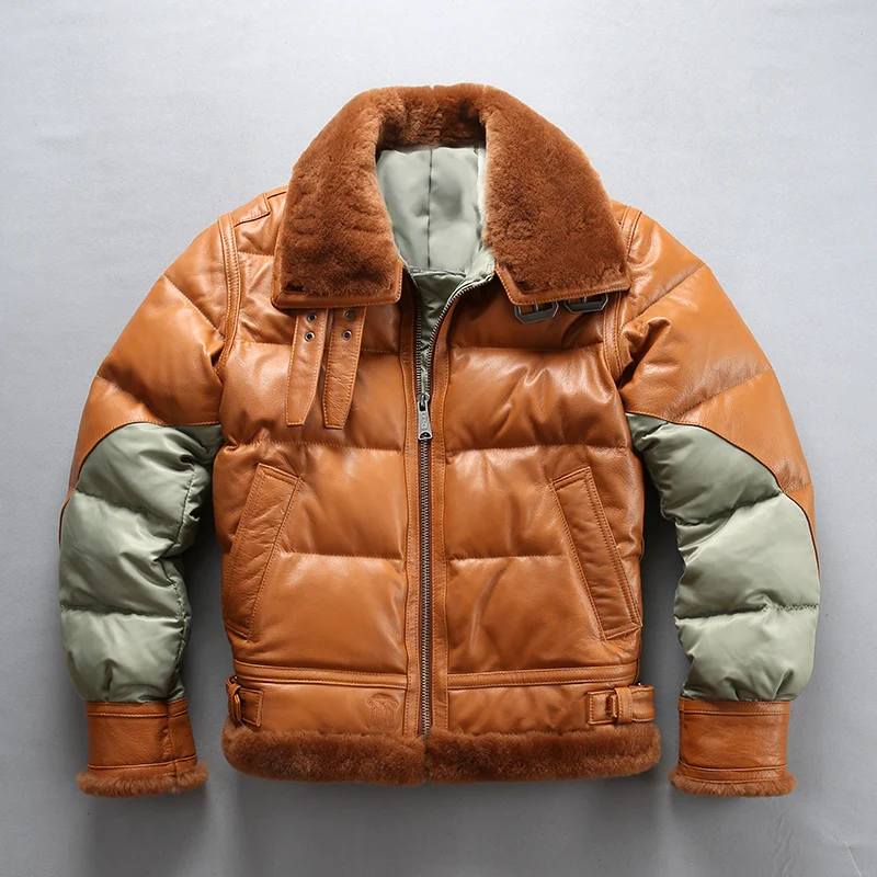

Factory 2018 New Men B3 Flight Jacket Fashion Spliced Genuine Sheepskin Wool Collar Down Coat Cold Winter Russia Coats