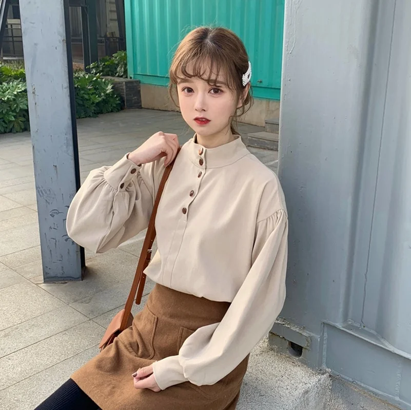  Woherb Summer Korean 2020 Solid Blouse Women Vintage Lantern Sleeve Tops Long Sleeve Shirts Elegant