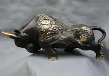 

22" China Bronze Fengshui Zodiac Ox Bull Carve Lotus Dragon Kylin Dragon Statue