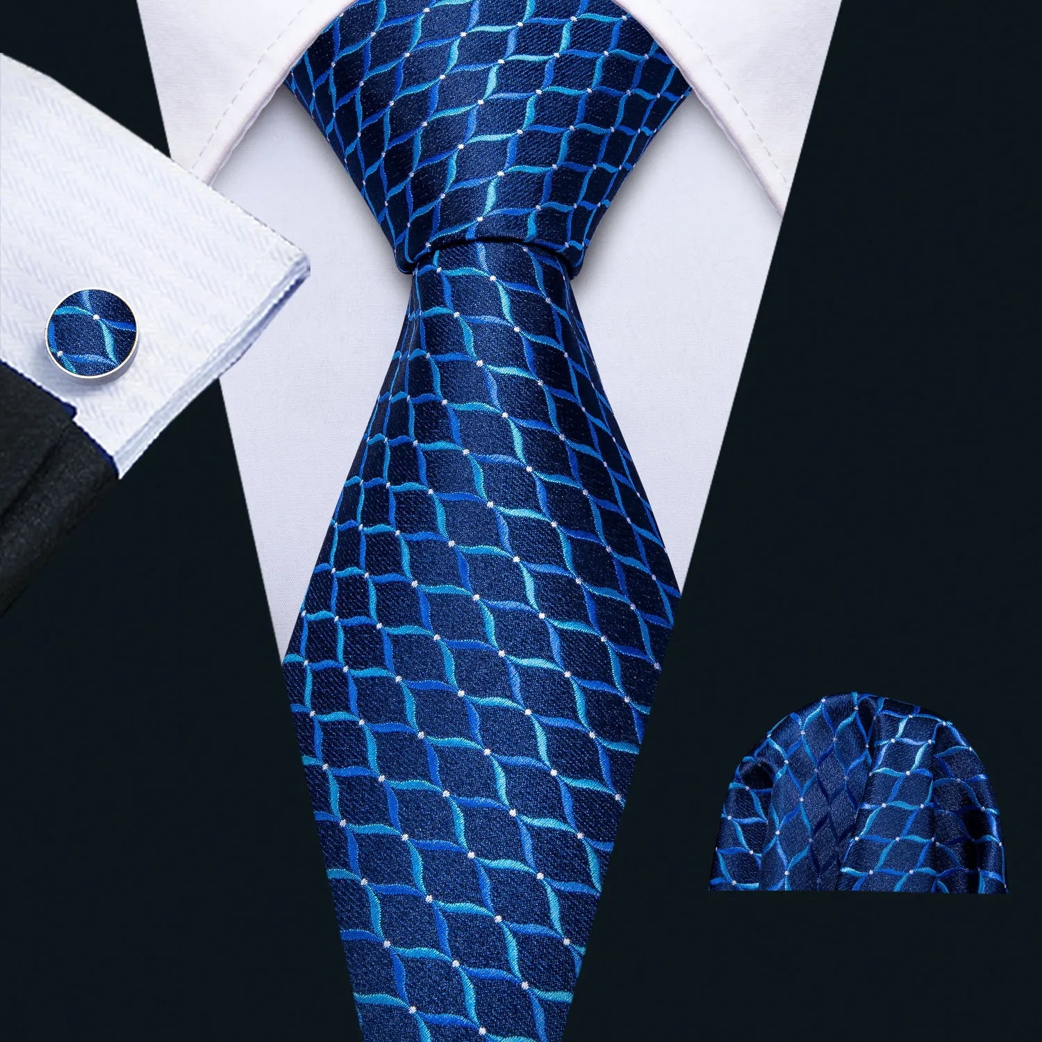 2019 Men Wedding Tie Blue Geometric Silk Tie Hanky Set Barry.Wang Jacquard Woven Fashion Designer Neck Tie For Men Party FA-5141