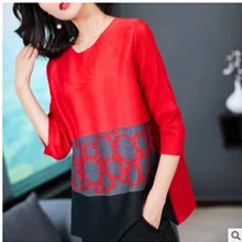 Miyake Модный складной принт три четверти o-образным вырезом Футболка с блестками